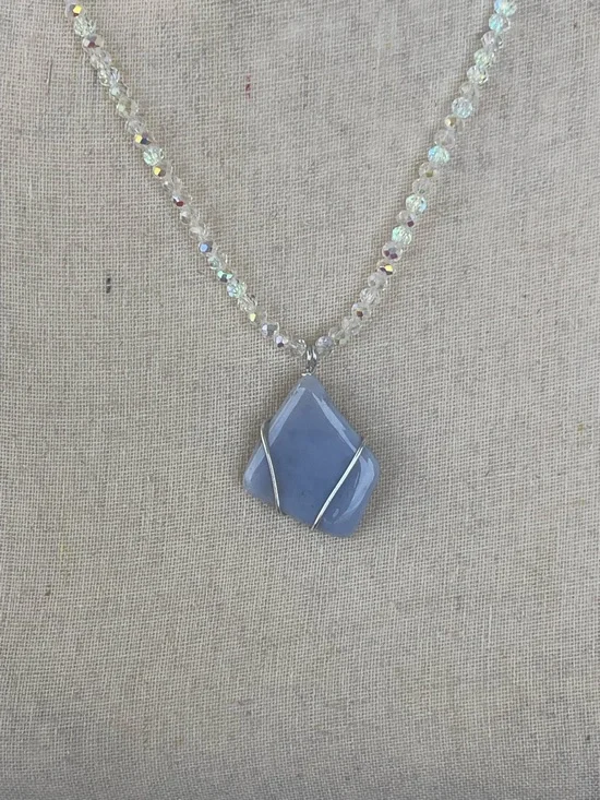 Angelite Gemstone Wire Wrapped Beaded Necklace Blue Stone & White AB Glass Beads - Picture 2 of 4
